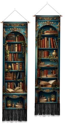 PLIGREAT 2 Stück Wandteppich Mit Mittelalterlichem Bücherregalmotiv Vintage Bücherregal Langer Vertikaler Wandteppich Mit Quasten Ästhetischer Wandbehang Für Schlafzimmer Wohnzimmer