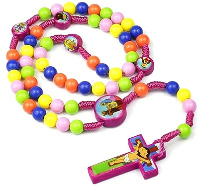 MURYE Collana con rosario a forma di croce in stile cartone animato, con perline rotonde colorate, per bambini, ragazze, ragazzi, bambini, preghiera cattolica, gioielli religiosi, One Size, come