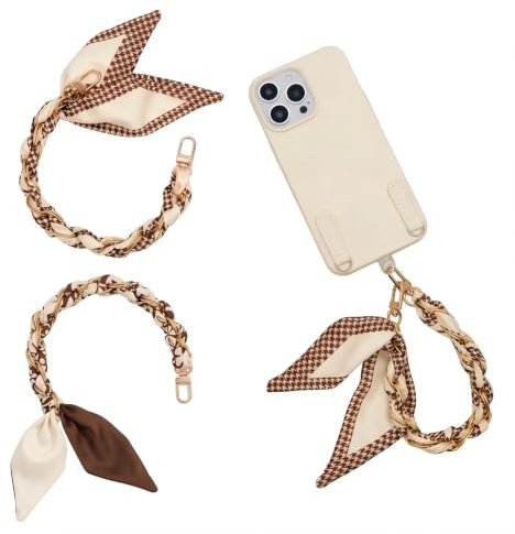 Bekecidi Dragonne Téléphone Portable Courte 2 Pièces, Cordon Téléphone Portable Marron avec Foulard, 32CM Cordon Téléphone Universelle Lanière pour Coque de Téléphone