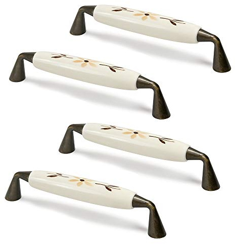 4 Un. TIRADOR Asa Mueble flor marrón Porcelana beige herraje bronce - Distancia tornillos 128MM