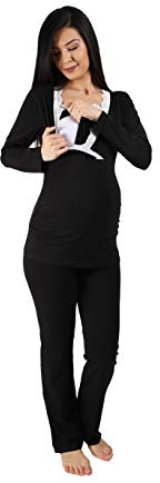 M.M.C. Still-Pyjama Set mit Spitze für Damen - Umstandspyjama Schlafanzug Nachtwäsche für Schwangerschaft und Stillzeit mit Stillfunktion, Langarm (Schwarz, Medium)