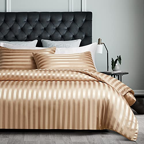 Damier Bettwäsche 135x200cm Beige Satin Streifen Einzelbett Bettbezug aus Satin Polyester Uni Seidig Bettwäsche mit 1 Kopfkissenbezug 80 × 80 cm