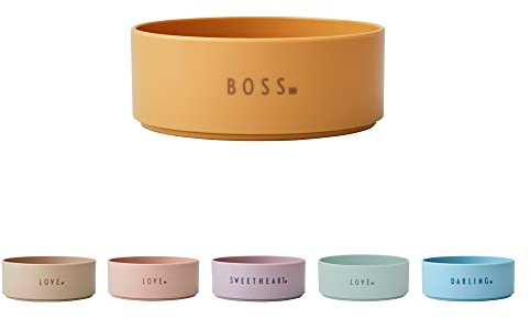 Design Letters MINI Lieblingsschale in Tritan für Baby und Kinder, MINI BOSS (Senffarben) - BPA-frei & BPS-frei, Süße Wörter auf Vorder- und Rückseite gedruckt, Drop-Safe, Spülmaschinenfest