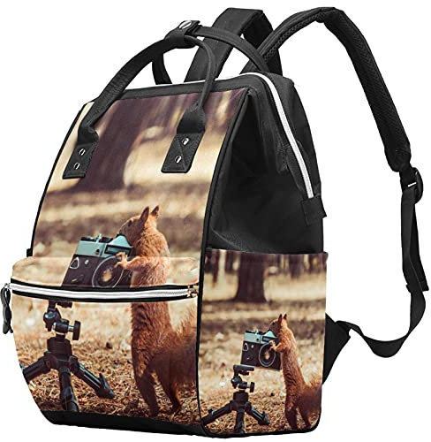 Rotes Eichhörnchen mit Filmkamera Wickeltasche Mumienrucksack Große Kapazität Babytasche Multifunktions-Reiserucksack Windeltaschen Stilltasche für Babypflege, mehrfarbig
