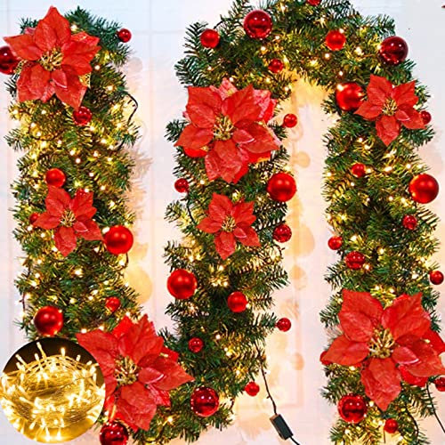 270cm weihnachtsgirlande aussen mit Beleuchtung Weihnachtsdekoration Weihnachtsgirlande beleuchtet LED-Schnur beleuchtet Weihnachtstürdekor Weihnachtsgirlande Tannengirlande Lichterkette (red)