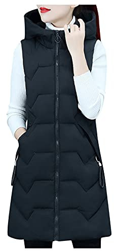 HHMY Chaleco acolchado largo para mujer: abrigo largo de invierno chaleco con capucha sin mangas abrigo de plumas cálido con bolsillos chaleco acolchado chaqueta de entretiempo, S - 5XL, H01-negro, L