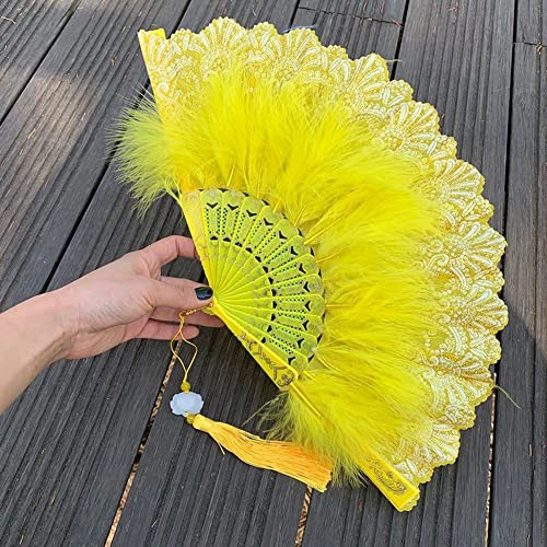 Duories Feder Handfächer,mit Quastenanhänger,Faltfächer Klappfächer Vintage Spanische Viktorianischen Damen Fächer Tanzen Hand Fan für Hochzeit Geschenk Sommer Feste Party Fasching Kostüm,Gelb