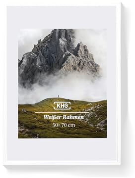 KHG Premium-Bilderrahmen 50x70 cm weiß, stabile Glasfront, für Zuhause | hochwertiges Passepartout & MDF-Holzrahmen für Fotos, Poster, Zertifikate & Collagen, vielseitig einsetzbar