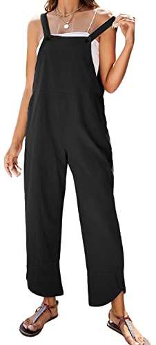 APAFES Women Summer Sleeveless Cotton Linen Bib Overalls Tulip Baggy Capri Jumpsuits with Pockets(0403-Black-S)