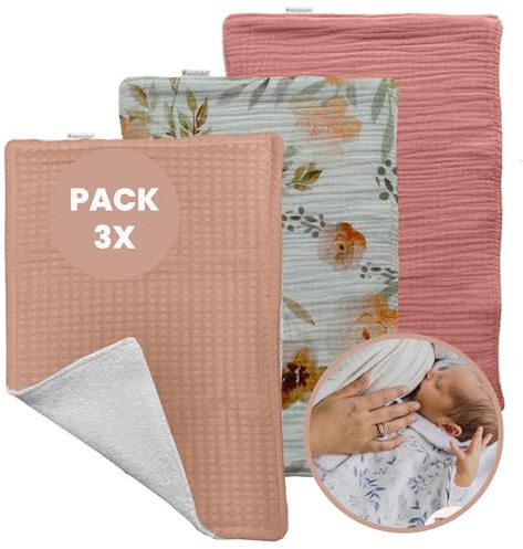 MIMUSELINA Musselin Spucktücher Baby 3er Set 21x30 cm | Mulltücher Baby zum Stillen | Doppelseitig Baumwolle & Frottee OEKO-TEX | Neugeborene Erstausstattung | Waschbar & Wiederverwendbar