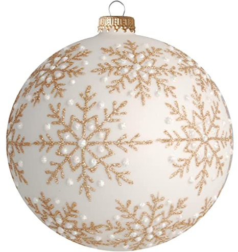 Krebs Glas Lauscha - Weihnachtsdekoration/Christbaumschmuck aus Glas - Weihnachtskugeln - Motiv: Weiß-matt mit goldenfarbigen Schneekristallen - Größe: 6 mal 8cm