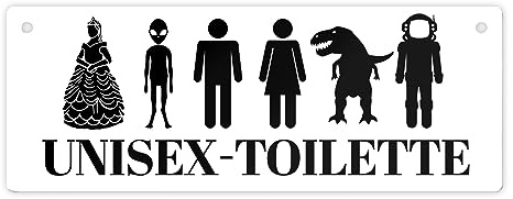 Unisex-Toilette Metallschild in weiß Witziges Blechschild Toilette für mehrere Geschlechter mit lustigen Icons ein WC für Herren und Damen und alles andere
