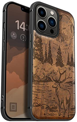 Carveit Holz Hülle für iPhone 13 Pro, Nussbaum-Berge und Hirsche | Cover kompatibel MagSafe [Holz und TPU Silikon Hybrid Hull] Magnetisch Case für iPhone 13 Pro Handyhülle