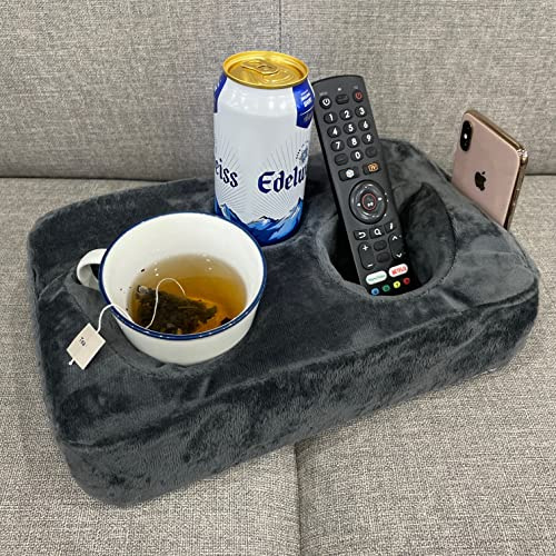 Sofa Cup Holder Caddy Pillow for Drinks, Remote & Phone Organiser | Gray colour sofa caddy for centre of couch. Holds drinks,remotes,phone. Keeps items within reach. Removable cover.