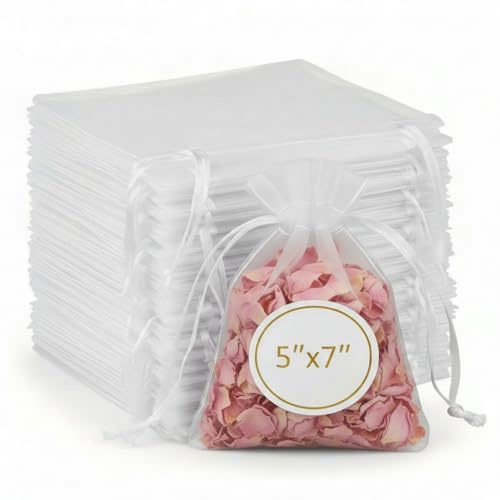 Sukh 100pcs Organza Bags 5''x7'' - White Mesh Drawstring Gift Bags