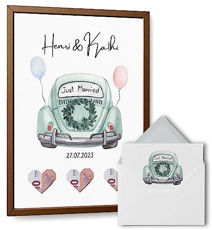 Bartschibär Personalisierbares Geldgeschenk für die Hochzeit – Ein originelles Hochzeitsgeschenk fürs Brautpaar – Din A4 mit Karte und schönem Briefumschlag (Hochzeitsauto in Grün)