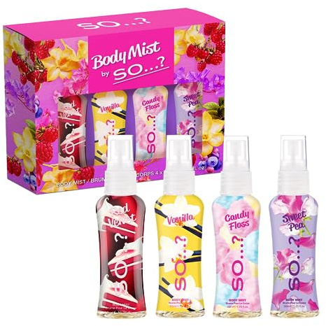 SO…? Body Mist Coffret cadeau avec mini brume corporelle pour femme avec velours rouge, vanille, barbe à papa et pois de senteur (4 x 50 ml)