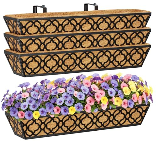HFHOME 4Pcs 76.2cm/30in Large Hanging Flower Baskets with Trough Coco Liner and Adjustable Brackets, Metal Railing Planter Box for Balcony Terrace Fence Garden