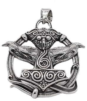 BlackAmazement Anhänger Halskette Thors Hammer Mjölnir Raben Silber Schwarz Wikinger Nordic Biker Herren Damen (Anhänger ohne Kette)