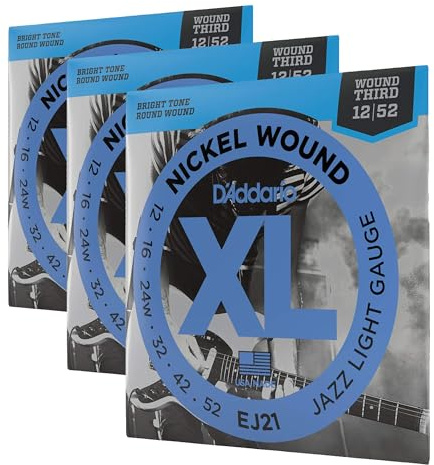 D'Addario E Gitarren Saiten | Gitarrensaiten E Gitarre | Saiten E-Gitarre | DER BELIEBTESTEN SAITENMARKE | EJ21| vernickelter Stahl | Jazz Light (12-52) | umwickelte G-Saite (Packung mit 3)