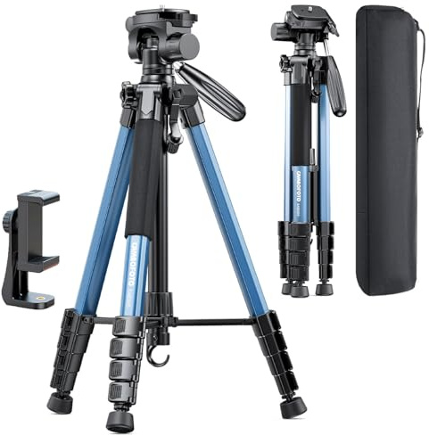 CAMBOFOTO 74-Camera-Tripod, Navy Blue Professional Aluminum Heavy Duty Tripod Stand for Mirrorless Camera/DSLR/Cell Phone/Camcorder, with Holder and Travel Bag