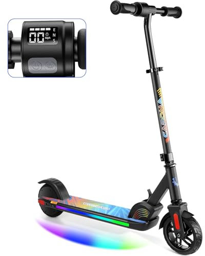 Caroma Elektroroller für Kinder von 8-12 Jahren, 150W Motor, 16 km/h, 60 min Fahrzeit, Einstellbare Geschwindigkeit & Höhe, Bunte Lichter, LED Display, Faltbarer Kinder Elektroscooter