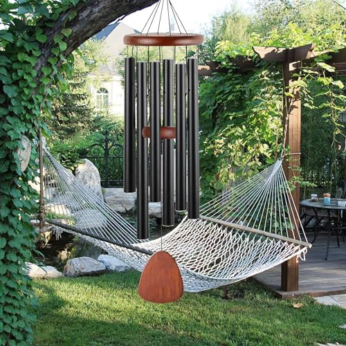 Carillón de viento, 65 cm, aluminio, 6 tubos de metal, campanillas de sonido para exteriores, jardín, terraza, decoración con cortavientos, negro clásico