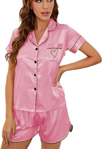HENGERTOP Ensemble de Pyjama pour Femme en Satin de Soie à Pyjama en Satin, 2 Pièces Vêtements de Détente Loungewear (FR/ES, Alpha/Lettres, TG, Taille Normale, Taille Normale, Rose Rouge)