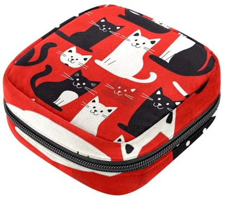 Aufbewahrungsbeutel für Damenbinden, schwarze weiße Katzen, Oxford-Stoff, Menstruationstassenbeutel, Stillunterlage, Tampon, Periodenbeutel mit Reißverschluss, für Teenager, Mädchen, Damen