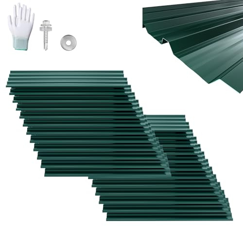 Froadp 24x Dachblech Trapezblech 129,5 x 45 cm, 14 m² Verzinkt Wellblechplatten, Stahl Profilblech für Carport Gerätehaus, inkl. Schrauben und Handschuhe, Grün
