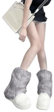 Plüsch-Beinstulpen für Damen, japanischer Vintage-Stil, einfarbig, grau, Winter, warm, pelzige Beinärmel