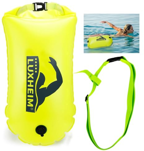 LUXHEIM 28L Schwimmboje Trockensack mit Doppelairbag, Aufblasbare Schleppschwimmer Boje für Erwachsene Freiwasser Open Water, Gut Sichtbar bis 900 Meter für Schwimmen, Triathlon, SUP, Schnorcheln