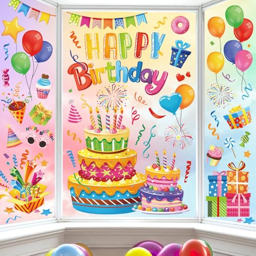 decalmile Fensterbilder Happy Birthday Geburtstag Kuchen Fensteraufkleber | Statische Anti-Kollision Fensterdeko, Beidseitiger Druck, auf Beiden Seiten klar Sichtbar, Wasserdicht, Abnehmbar