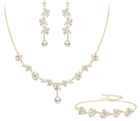 EleQueen Frauen simuliert Perle Hochzeit Schmuck Set, Cubic Zirkonia Marquise Floral Braut Halskette Ohrringe Armband Sets für Formale,Ivory-Gold-Ton