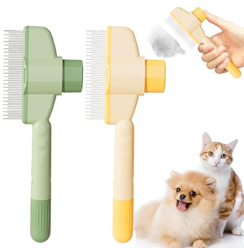 Rppiup 2 Stück Fellblitz Bürste Katze, Fellbürste Katze, Selbstreinigender Flohkamm mit AuslöSeknopf, Selbstreinigende Katzenbürste für Langes & Kurzes Fell, Geeignet für Hunde und Katzen (Grün+Gelb)