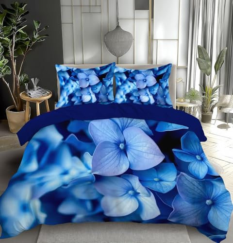 MULERN blue Duvet Cover Set, Single Size Blue Hydrangea 3Piece Bedding Sets Reversible Color, Elegant Floral Printed Duvet Covers, All Season Bedding Sets Soft And Easy Care