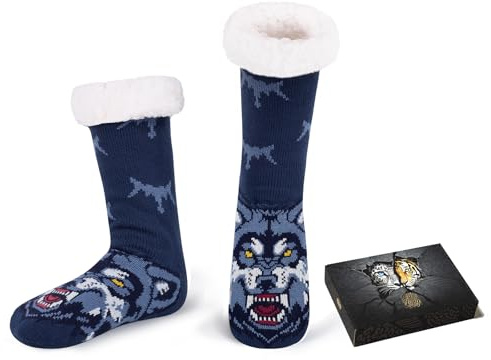 HERYEBING Calze Antiscivolo Uomo Pantofole Calzini Natalizi con Scatola Regalo Calde Calzettoni Invernali da Casa Pile Termici calze Divertenti Animali Blu Lupo