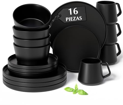 MIAMIO - Juego de vajilla para 4 / Juego de 16 piezas de gres moderno/Vajilla – Apta para lavavajillas y microondas – Colección Luxe (negro, 16x)