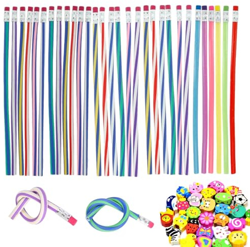 30 Stück Biegebleistifte Kinder, Bunt Bleistifte mit 25 Radiergummis | Biegsame Magic Mitgebsel Kindergeburtstag, Flexible Bleistifte für Schule, Party, Preise