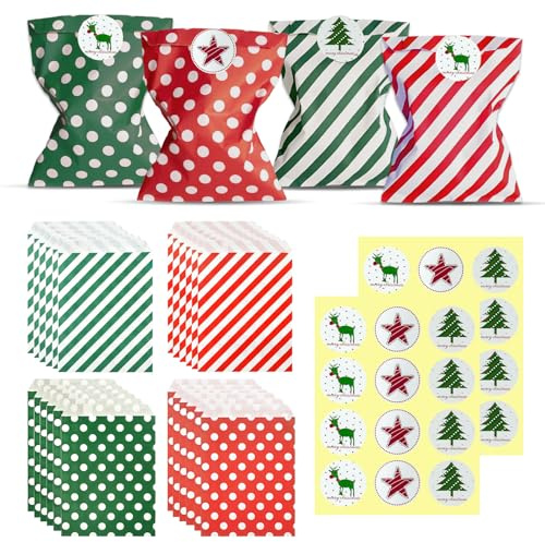24 Stück Bunt Papiertüten Geschenktüten mit Aufkleber, Butterbrottüten Klein für Geburtstagsfeiern, Weihnachten, Neujahrsparty, Hochzeit, Firmenfeier (Rot & Grün mit 3 Stickermuster)
