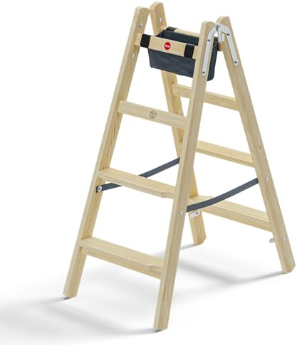 Hailo Master H80 Holz-Doppelstufenleiter 2x4 Stufen bis 150 kg | Beidseitig begehbar, 80 mm Stufen, imprägniertes Kiefernholz, Werkzeugtasche