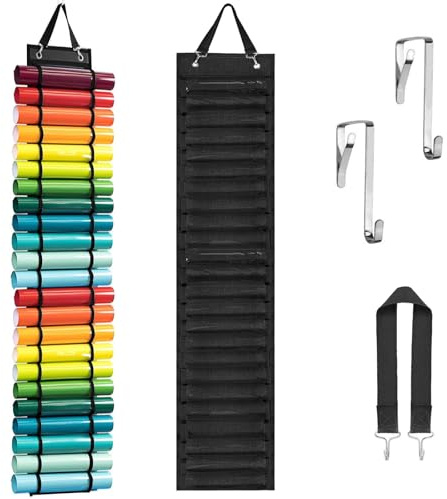 Zyiphor Portarrollos de Vinilo Estante de Almacenamiento de Vinilo Organizador rollos vinilos con 24 Compartimentos Soporte Pared Ganchos Correa para Papel Regalo Dibujos Diseño Almacenamiento (Negro)