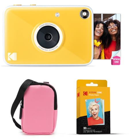 KODAK Printomatic+ Fotocamera Istantanea 10MP Kit Iniziale (Rosa) con Custodia, RGB LED e Carta Adesiva Zink 20pz – Giallo