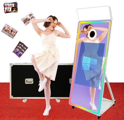 Appareil photo miroir magique avec écran tactile interactif, cabine photo reflex numérique, mini PC intégré, logiciel d'éclairage RVB et étui de vol pour événement, location, fête de mariage (blanc