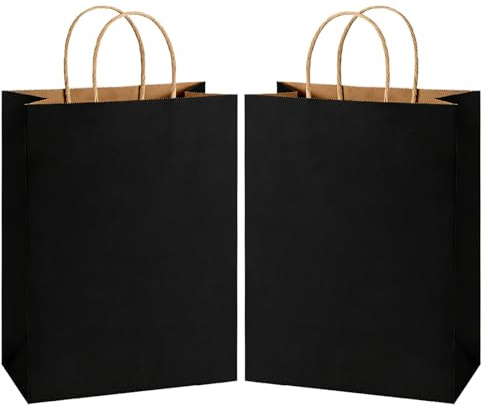 100 Stück Schwarz Papiertüten mit Henkel 18 x 10 x 25 cm Papiertragetaschen, Kraftpapier Geschenktüten mit Griffen Bulk, Tüten, Geschenktüten Papiertragetasche mit Kordelgriff für Partys Verpackungen
