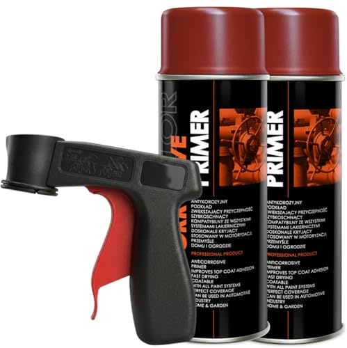 Craft-Equip DC 2er Sparpack Lackspray nach RAL in 400ml zur Lackierung von Auto Stahl Aluminium Beton Holz und Haltegriff (2 Dosen Grundierung rotbraun 400ml + Haltegriff)