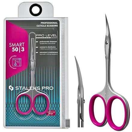 STALEKS PRO by Natury Nails Tijera profesional para cutículas. Anillos ergonómicos de silicona extraibles. Acero inoxidable. Ideal para técnicos con dedos y palma medianos. Smart SS-50/3