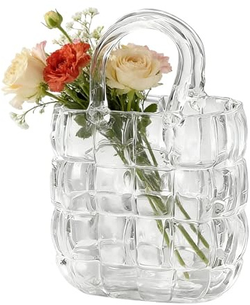 Jarrón de cristal transparente con forma de bolso | Jarrón de cristal transparente para decoración de mesa - Jarrón de bolsillo, para estantería, estudio, comedor, pasillo, fiesta, boda