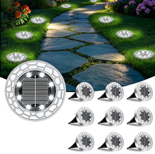 FIFlying Solar Bodenleuchten Aussen Garten 10 Stück 8 LED Solarlampen für außen IP65 Wasserdicht Gartenbeleuchtung Kaltweiß Solarleuchten für Garten Weg Einfahrt Rasen Gehweg Patio Terrasse