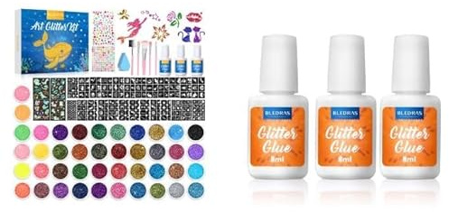 Bledras Glitzer Tattoo Set Kinder – 42 Farben + 3 Kleber Extra (24ml) – 210 Schablonen, 370 Strasssteine, 5 Pinsel – Temporäre Tattoos für Party & Geburtstag